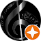 A black and silver musical note with an orange star in the middle.